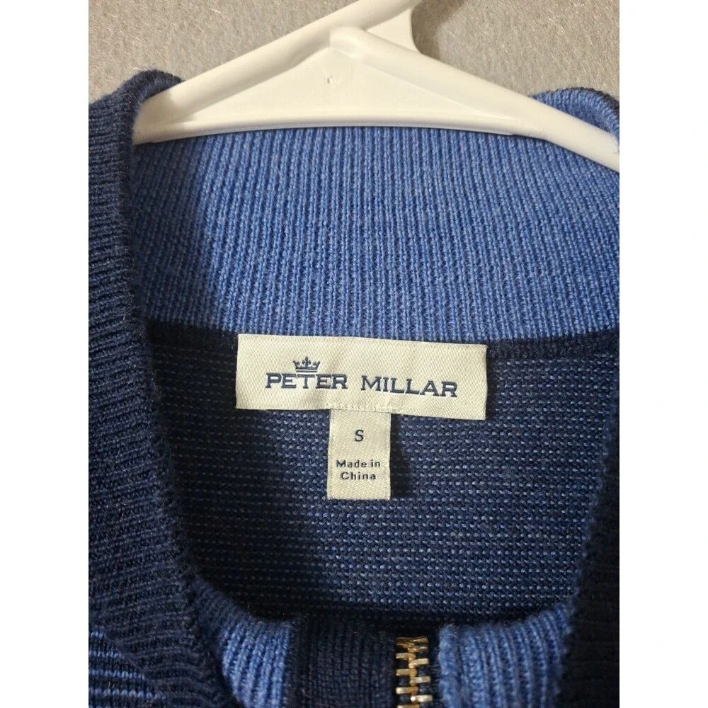Peter Millar Men Small 1/4 Zip Italian Merino Wool Sweater Blue Black Stripe